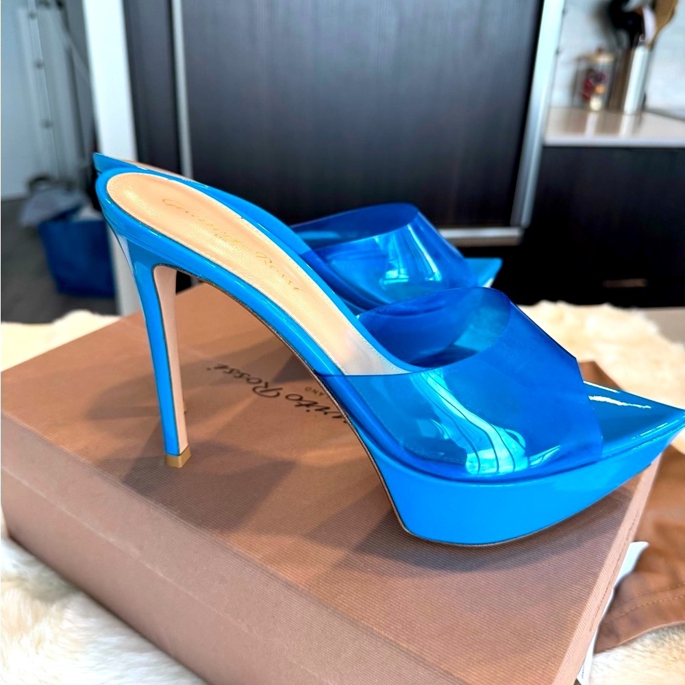 GIANVITO ROSSI Betty Glass Turquoise Platform Mules.